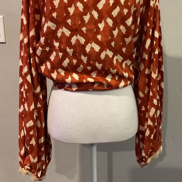 MNWT ZARA Linen Blend Geometric Print Boho Long Sleeve Crop Top Terracott… - Picture 10 of 11